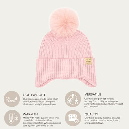 C.C Kids Ear Flap Fur Pom Beanie for Boys Girls - Comfortable Soft Warm Children Youth Knit Skully Hat with Faux Fur Pom - color: Pink