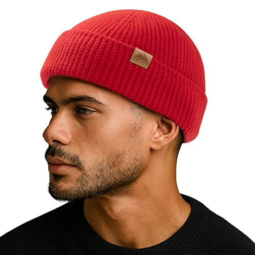TOP-EX 100% Australian Merino Wool Fisherman Beanie, Short Cuffed Knit - color: Signal Red, size: X-Large-XX-Large