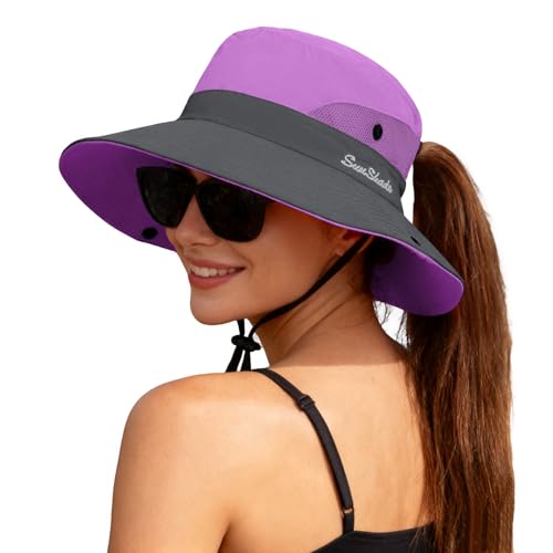 ZOORON Women's Ponytail Safari Sun Hat,Wide Brim UV Protection Bucket Hat - color: 1-purple
