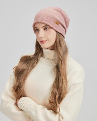 100% Merino Wool Slouchy Beanie Hat, Women Warm Winter Caps Soft, Ladies Breathable & Cozy Stretchy Knitted Skull Cap - color: Pink
