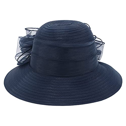 Haoohu Women's Church Derby Hat Wide Brim Bow Bucket Hat Wedding Dress Hat Fascinator Bridal Tea Party Hat - color: Navy Blue
