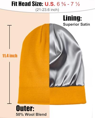 ROYBENS Satin Lined Beanie Hat for Women Men, Wool Knit Cuffed Winter Hats - color: 1pcs Yellow