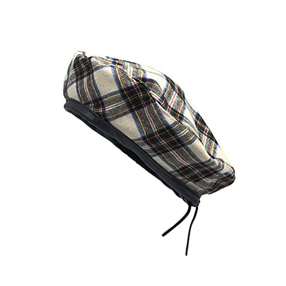 WITHMOONS Cotton Plaid Beret Hat Tartan Check French Beanie Cap YZF0083 - color: Ivory