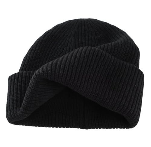 Connectyle Short Fisherman Beanie for Men Women Warm Winter Hats Knit Cuffed Beanies Skull Cap Acrylic Watch Hat - color: Black