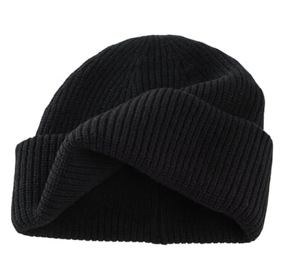 Connectyle Short Fisherman Beanie for Men Women Warm Winter Hats Knit Cuffed Beanies Skull Cap Acrylic Watch Hat - color: Black