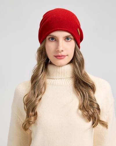 100% Merino Wool Slouchy Beanie Hat, Women Warm Winter Caps Soft, Ladies Breathable & Cozy Stretchy Knitted Skull Cap - color: Chili Red