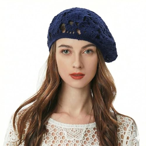 ZLYC Women Cotton Slouchy Crochet Beret Handmade Cutout Floral Beanie Hat - color: Floral Blue