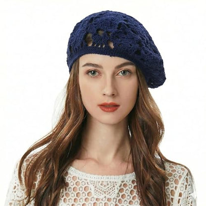 ZLYC Women Cotton Slouchy Crochet Beret Handmade Cutout Floral Beanie Hat - color: Floral Blue