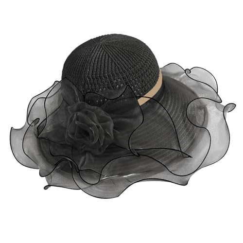 Floral Church Wide Brim Sun Hat, Breathable Derby Tea Party Hat - color: Black