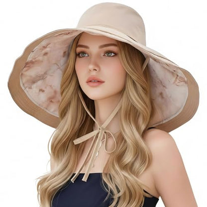 HUAMULAN Women Wide Brim Reversible Sun Hat Summer Beach Fishing Bucket - color: Khaki
