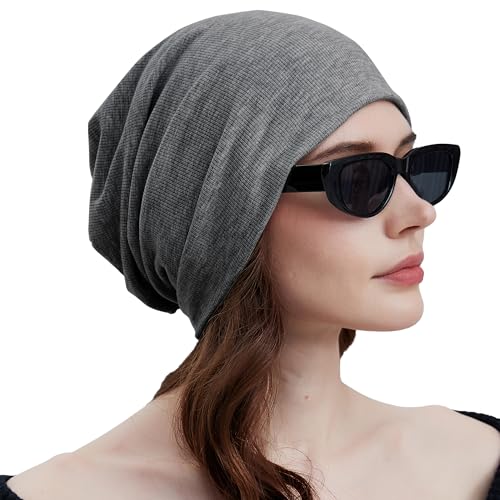 Slouchy Beanie for Women Men Thin Knit Winter Hat 93% Cotton Beanies - color: Dark Grey