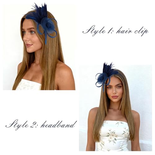 Womens Fascinators Hats and Lace Fishnet Gloves Short Tea Party Hats Feather Headband for Wedding Cocktail - color: Midnight Blue