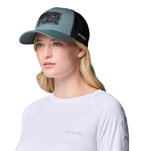 Columbia Unisex PFG Logo Mesh Ball Cap - color: Metal/Black Deltahunter Fish Flag, size: Small-Medium
