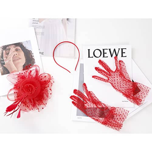 Fascinators Hat Clip Hat Wedding Cocktail Tea Party Headwear and Short Lace Bowknot Gloves for Women - color: Red