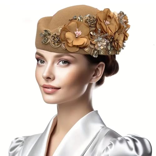Womens Vintage Felt Church Fedora Hat Ladies Floral Derby Fascinator Wedding Tea Party Beret Cap Winter Pillbox Kentucky Hat - color: Khaki