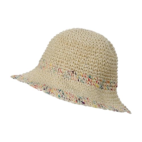 Womens Little Girls Summer Crochet Straw Bucket Hat Colorful Floppy Sun Shade Boonie Cap Wide Brim Beach Vacation Sun Hat - color: Beige, size: 2-5T