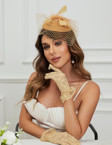 20s 50s Pillbox Derby Fascinator Hat Veil Feather Fascinators Hair Clip Wedding Tea Party Hat and Short Lace Gloves for Women - color: Brown