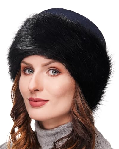 Futrzane Faux Fur Trim Hat for Women - color: Navy Blue - Black, size: X-Large