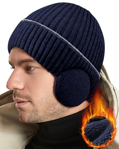 BEACE Winter Fleece Line Beanie Knit Hats with Ear Flaps for Men Women,Warm Thermal Stocking Caps for Outdoor Cold Weather - color: Dpblue