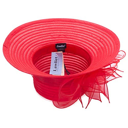 Womens Wedding Occasion Floral Wide Brim Church Dressy Sun Hat A323 - color: Red