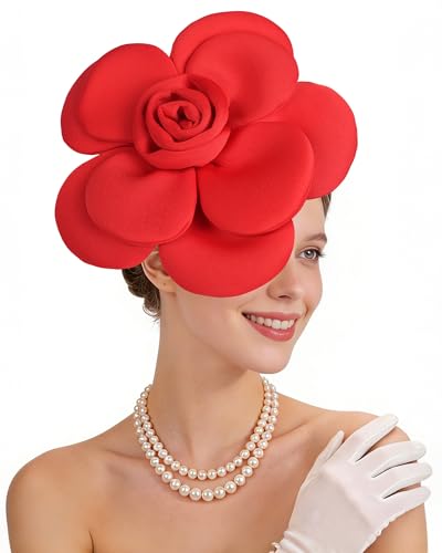 Zinniday Rose Flower Fascinators Hats - 2026 Elegant Extra Large Fascinator Hat Rose Cocktail Headpiece for Women Church - style: Red Large Flower