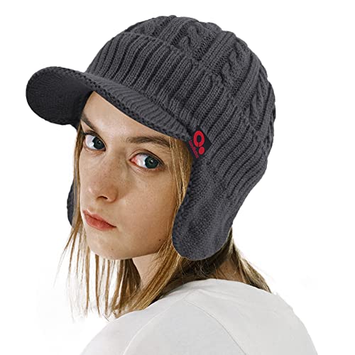 Women's Winter Cable Knitted Visor Beanie Fleece Lining Ear Flap Baseball Cap Hunting Trapper Hat with Billed - color: Dark Grey