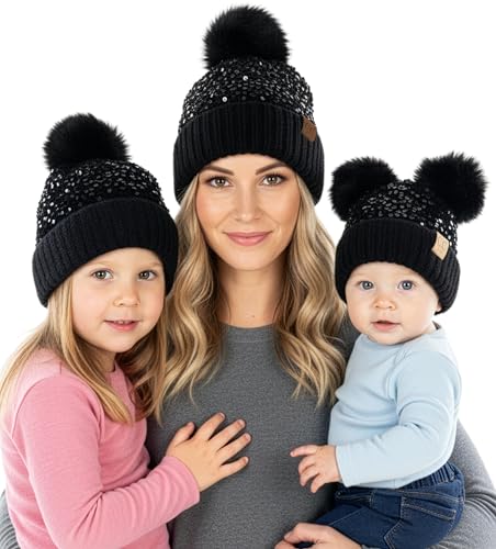 Funky Junque Mommy & Me Double Pom Beanies 3-Pack Matching Winter Hats for Mom, Toddler & Infant Girls, Cozy Knit Family Set - color: Sequin - Black