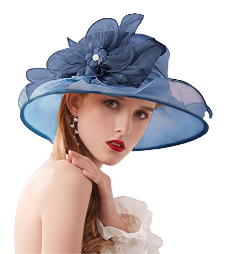 Organza Fascinator Hat - Women’s Wide Brim Church Bridal Tea Party Wedding Hat - color: 02a-darkblue