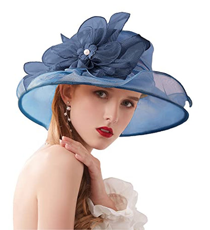 Organza Fascinator Hat - Women’s Wide Brim Church Bridal Tea Party Wedding Hat - color: 02a-darkblue