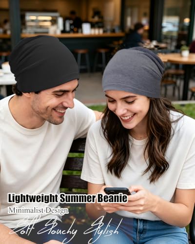 ROYBENS 100% Cotton Thin Slouchy Beanie Hat Women Men Lightweight Chemo Cap - color: 1pcs-charcoal Grey