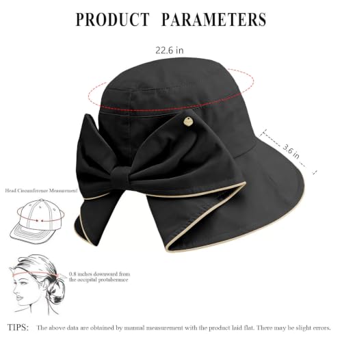 Women's Foldable Wide Brim Bowknot Bucket Hat Sun Protective - color: Black