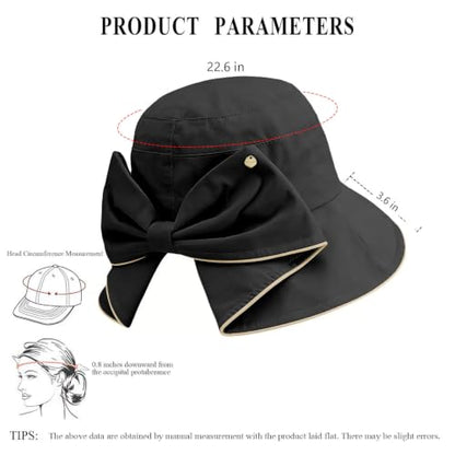 Women's Foldable Wide Brim Bowknot Bucket Hat Sun Protective - color: Black