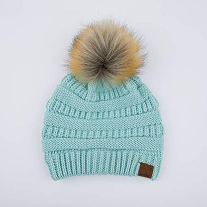 C.C Fur Pom Winter Fall Trendy Chunky Stretchy Cable Knit Beanie Hat - color: Solid Mint