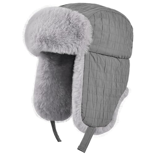 Winter Hat for Men Women Trapper Hat with Ear Flaps, Windproof Russian Trooper Hat for Cold Weather Hunting Skiing - color: Grey