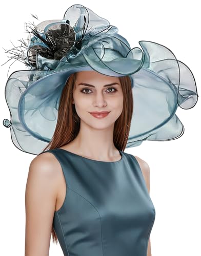 Z&X Women Organza Church Derby Hat Wide Brim Sun Hats for Wedding Tea Party Fascinator Hat, Dual-use - color: 2003- Blue
