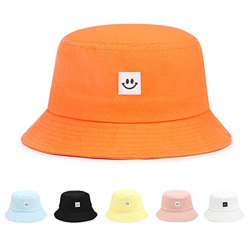 Kids Sun Hat Smile Face Bucket Hat for Girls Boys Summer Sun Protection Cotton Unisex Beach Cap - color: Orange