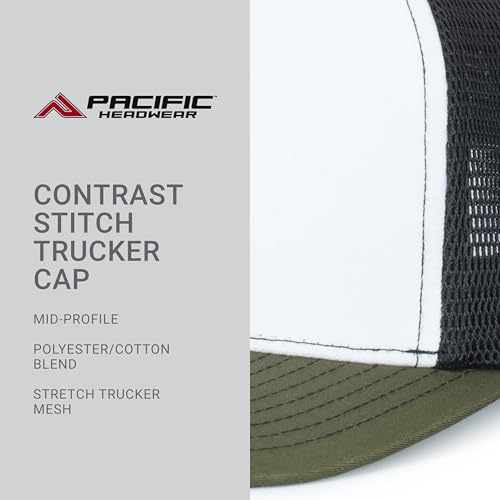 Pacific Headwear Contrast Stitch Trucker Pacflex Snapback Cap - color: White/Light Charcoal/Moss