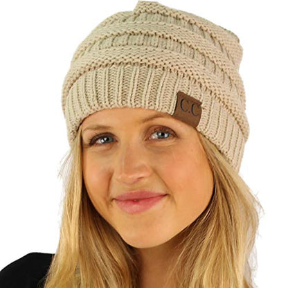 CC Classic Winter Fall Trendy Chunky Stretchy Cable Knit Beanie Hat - color: Solid Beige