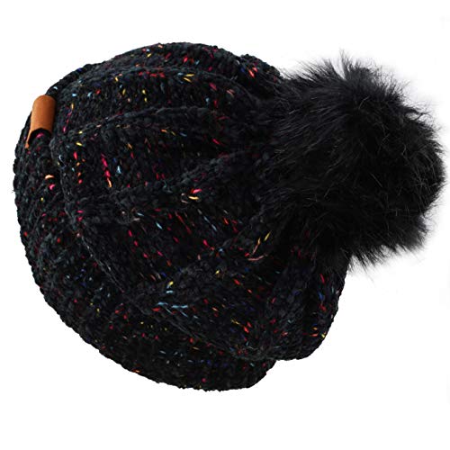 Women and Men Beanie Daily Winter Oversized Thick Stretchy Knitted Pom Pom Beanie Fleece Lined Beanie Hat - color: 3. Chenille Black
