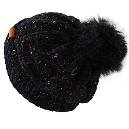Women and Men Beanie Daily Winter Oversized Thick Stretchy Knitted Pom Pom Beanie Fleece Lined Beanie Hat - color: 3. Chenille Black
