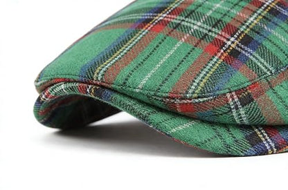Mens Plaid Newsboy Flat Cap Ivy Gatsby Driving Hunting Cabbie Hat - color: Green-plaid B
