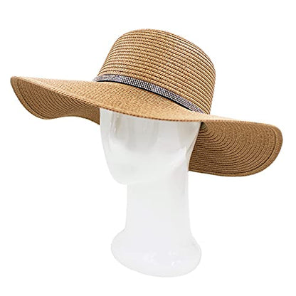 4.5" Wide Brim Foldable UPF50 Rhinestone Trim Floppy Summer Straw Sun Beach Hat - color: Tan