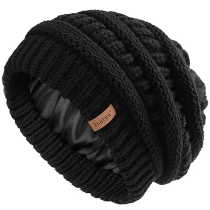 FURTALK Womens Satin Lined Knit Beanie Slouchy Winter Hat Soft Warm Cap - color: Black