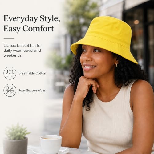 Cotton Bucket Hat Packable Beach Sun Hat for Women Men - color: Yellow