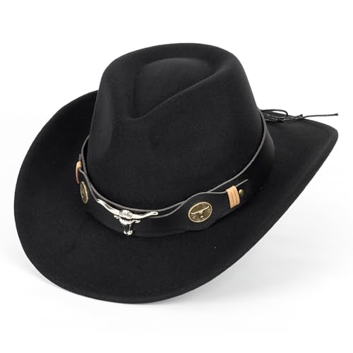 Felt Fedora Western Cowboy Hat for Women Men - color: Black-bull Buckle Belt Decor