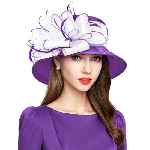 2026 Bucket Hats for Women Ladies Girls, Autumn Winter Fascinator Hat for Derby Kentucky Church Bridal UV Protection - color: 4585purple/White