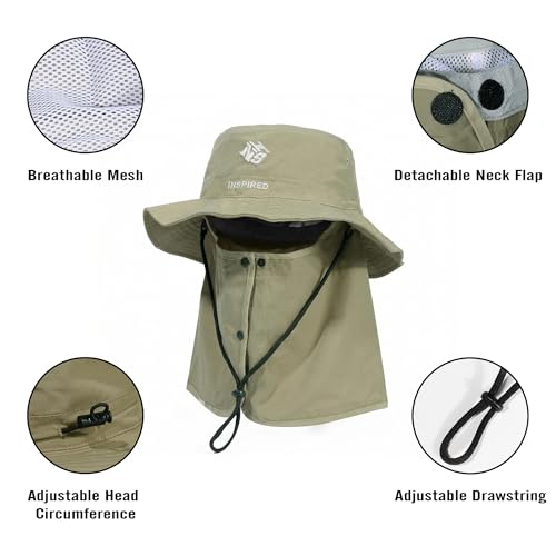 Bucket Hat for Men Women,Waterproof Sun Hat UV Protection with Detachable Face Neck Flap for Outdoors - color: Green+khaki
