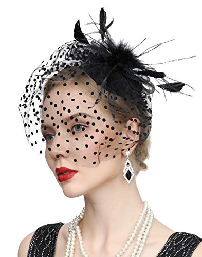Fascinator Hats for Women 20s 50s Vintage Pillbox Hat Kentucky Derby Fascinators Flower Veil Wedding Tea Party Hat - color: 2-black