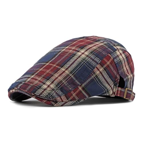 Summer Tartan Plaid Newsboy Cap Adjustable Cotton Gatsby Cabbie Outdoor Sun Flat Hat - color: Red