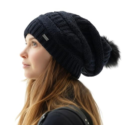 TOP-EX Winter Wool Slouchy Beanie for Women, Warm Faux Fur Pom Hat - color: Black_fleece Lined